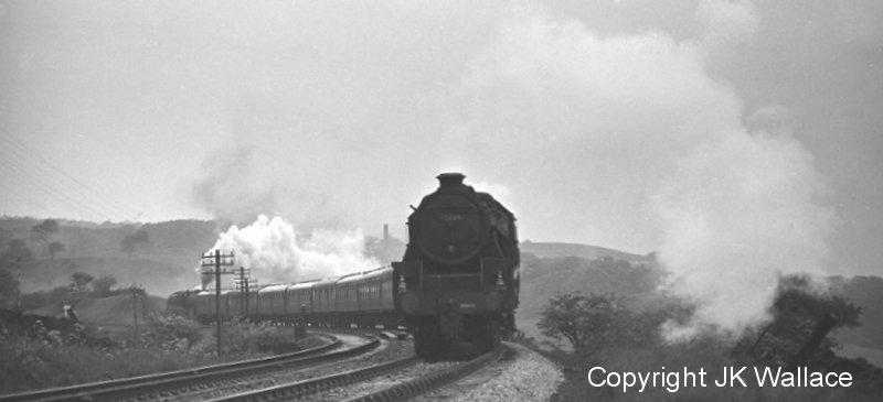 Excursion1X43 Bradford S.S. return excursion Southport – Bradford Exchange with 45208 climbing out of Burnley 19.55 on Saturday 4 June 1966.