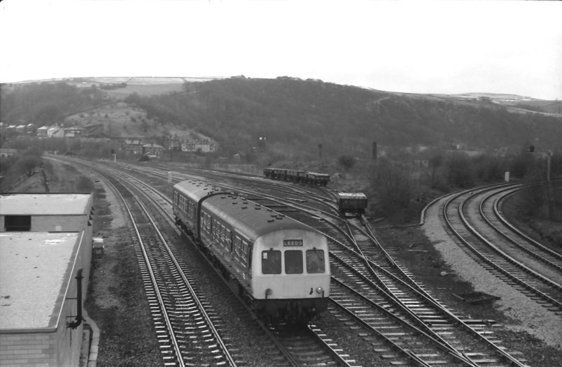 BR two-car Class 101 in blue livery heads for Leeds past the enginnering sidings on 2 April 1979.
