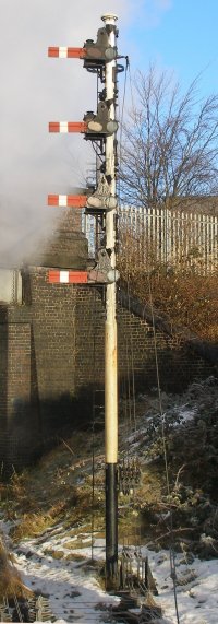 Set of replica LNER corrugated shunting signal at Beccles Road Bridge, Loughborough