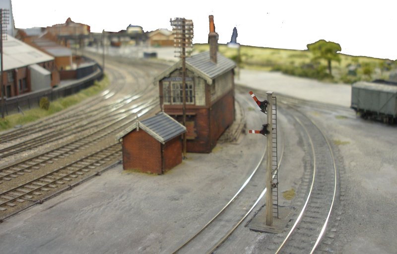Leciester South showing 2-arm shunting signal. Shipley Model Railway Society's Leicester South layout as seen at Alexandra Palace on Sunday 29 March 2015.