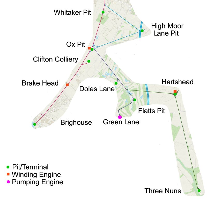 Map of Low Moor Tramway and Clifon Colliery Tramway laid on modern OS mapping