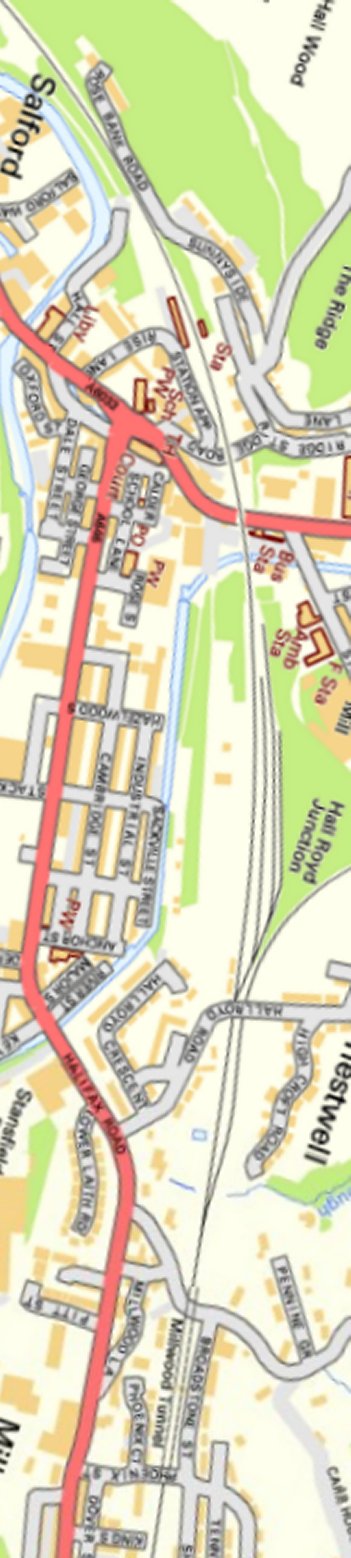 Section from Ordnance Survey OpenSource mapping 2013 showing L&YR railway line from Todmoden railway station to Hall Royd Junction and Millwood Tunnel 