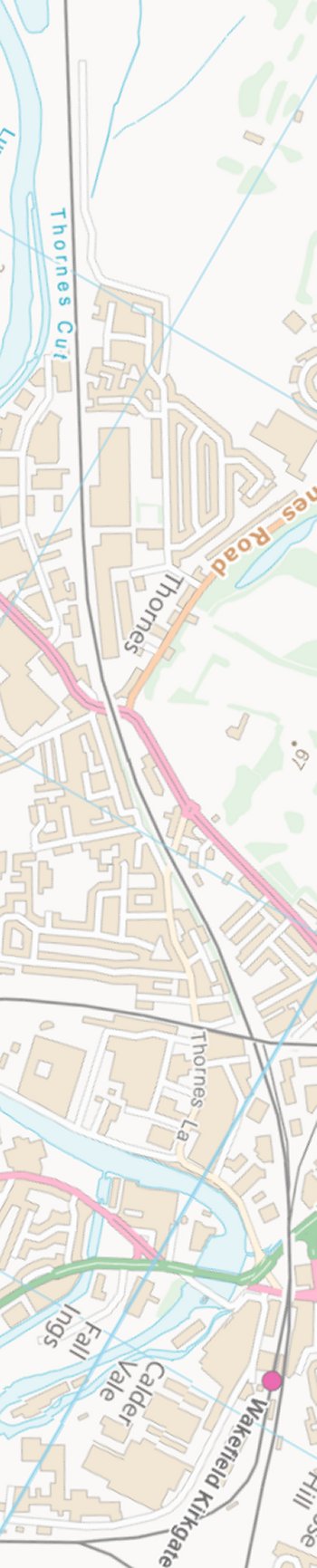 Section from Ordnance Survey OpenSource mapping 2013 showing L&YR railway line around and though Wakefield Kirkgate railway station.