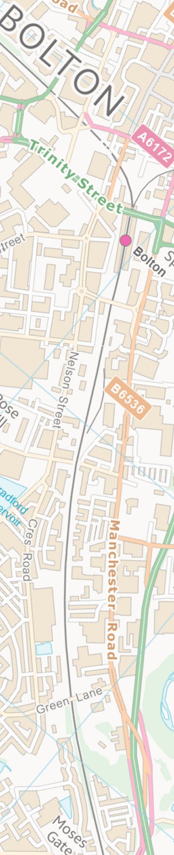 Section from the Ordnance Survey OpenSource mapping 2013 showing L&YR railway line from Bolton Trinity Street to Moses Gate railway station