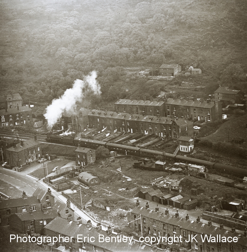 1X38 Ravensthorpe Central W M C excursion Dewsbury Well Rd – Blackpool  North psssing Cornholme signal box at 10.05 on Saturday 4 June 1966.