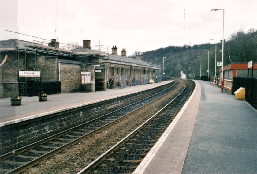 Todmorden Station looking towards Rochdale, showing scaffolding in place, on 10 April 2003.