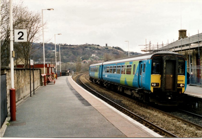 BR Class 156 156488 (NL) departs on the 2M42 12.24 York - Manchester Victoria on 10 April 2003.