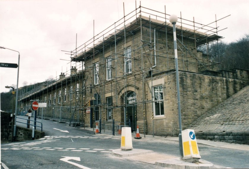 Exterior view of Todmorden station with scaffolding erected on 10 April 2003.