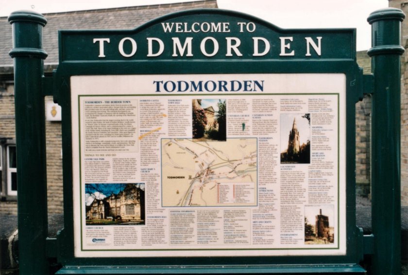 Welcome to Todmorden sign as seen outside Todmorden Station on 10 April 2003.