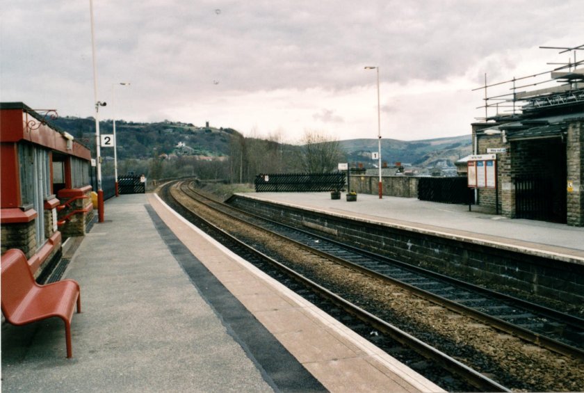 Todmorden Station from the platform end looking towards the viaduct and the future location of the new chord on 10 April 2003.