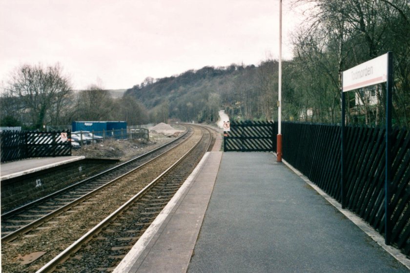The view from the end of the platform at Todmorden Station looking towards Rochdale on 10 April 2003.