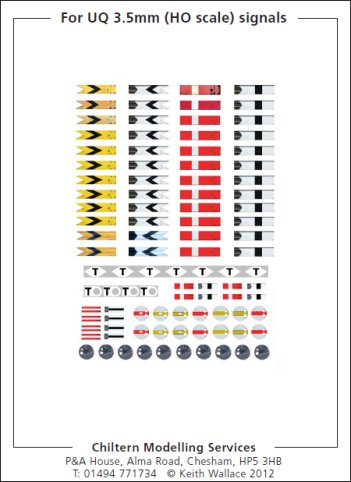 3.5mm HO scale Waterslide transfers for BR/LMS/Southern/LNER upper quadrant semaphore signal arms containing home and distant arms, shunting and calling arms, and track circuit and telephone plates.