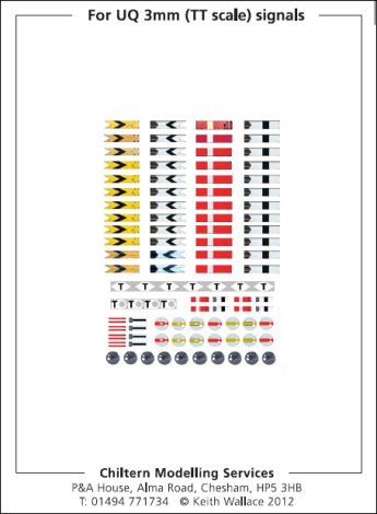 3mm TT scale Waterslide transfers for BR/LMS/Southern/LNER upper quadrant semaphore signal arms containing home and distant arms, shunting and calling arms, and track circuit and telephone plates.