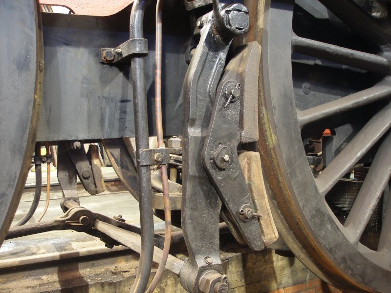 Stanier Black 5 45491 as seen at Loughborough Central, Great Central Railway on 30 December 2014. Detail shot showing brake block and assembly.