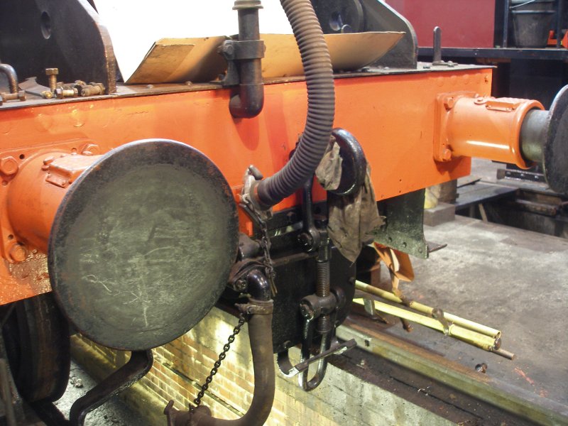 Stanier Black 5 45491 as seen at Loughborough Central, Great Central Railway on 30 December 2014. Detail shot of front footplate, buffers, scew coupling and vacuum brake fittings.