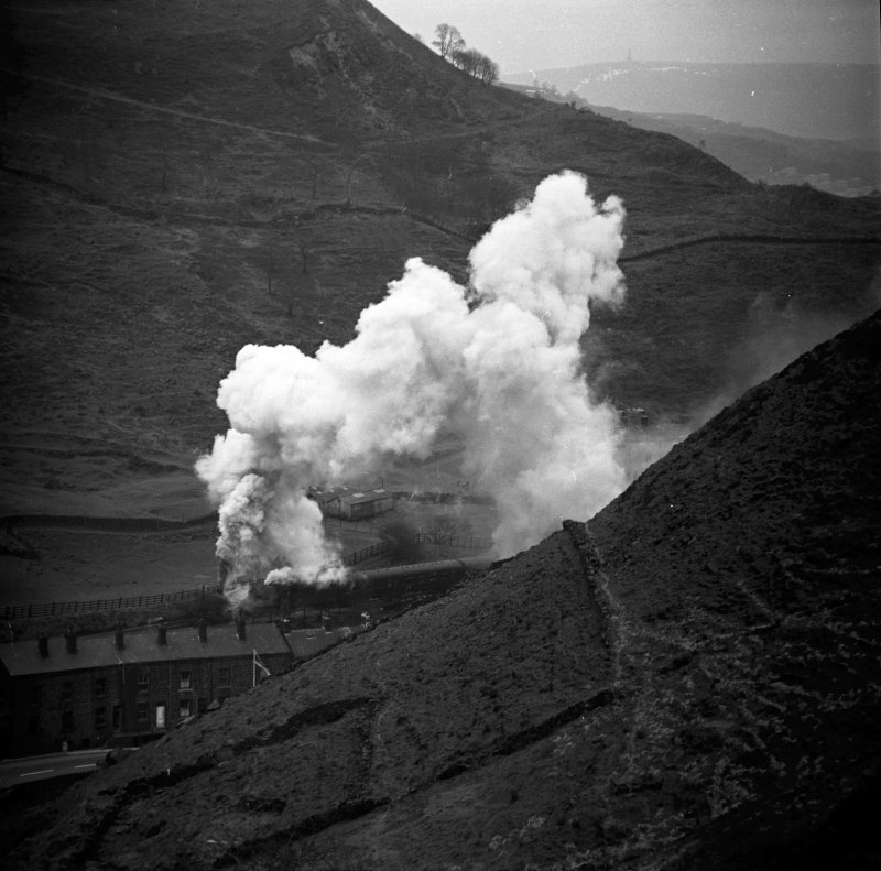 BR (LMS) Jubilee 45694 'Bellerophon' passing Cornholme between Todmorden and Copy Pit with 1X19 Castleford Central to Blackpool North on Easter Monday 11 April 1966.