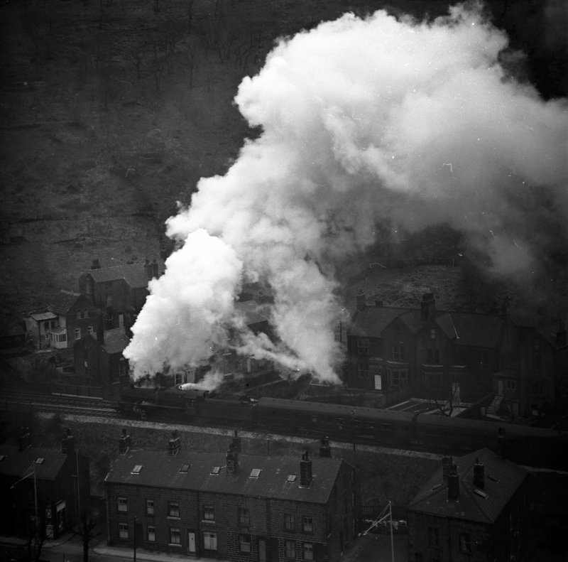 BR (LMS) Jubilee 45694 'Bellerophon' passing Cornholme between Todmorden and Copy Pit with 1X19 Castleford Central to Blackpool North on Easter Monday 11 April 1966.