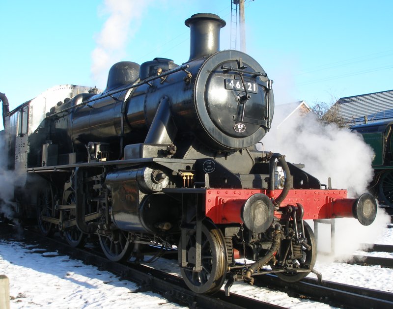 Ivatt Class 2MT 2-6-0 46521 at Loughborough Central on 30 December 2014. Three quarters front view close up showing pony truck detail