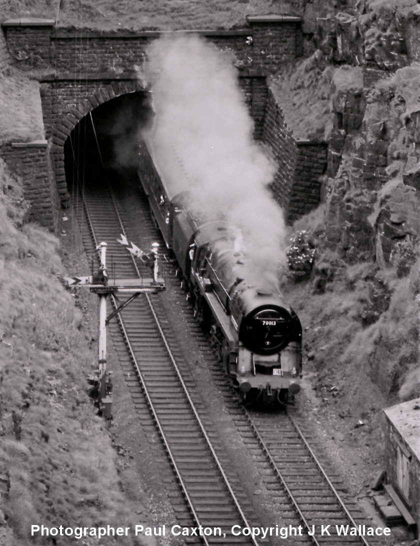 BR Standard Pacific 70013 'Oliver Cromwell' exits from Summit Tunnel on 21 July 1968 with 1T40.