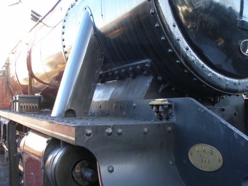 ex-LMS Stanier 8F 2-8-0 48624 as seen at the Great Central Railway, Loughborough on 30 December. Detail of lower smokebox, fireman's side.