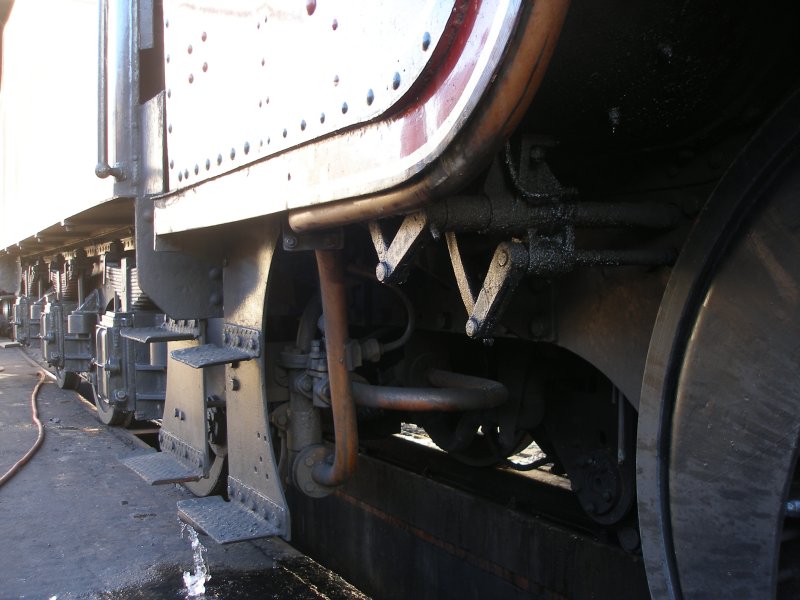 ex-LMS Stanier 8F 2-8-0 48624 as seen at the Great Central Railway, Loughborough on 30 December. Detail of piping under cab, fireman's side.