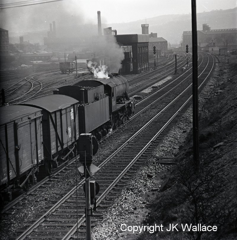 90351 56D Mirfield passing Mirfield M.P.D. on eastbound freight Sat 30/4/66