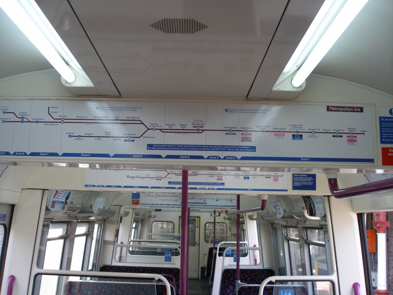 A60 stock interior as on 09 December 2010 showing Metropolitan Line route diagram