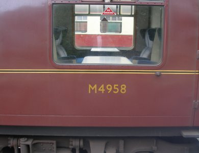 Maroon livery lining and numbering details on a BR Mark 1 carriage at Sheringham 27 August 2016