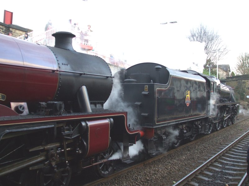 LMS Stanier Jubilee Gakatea and Black 5 44781 ready to depart northwards from Brighouse Station on 14 February 2016.