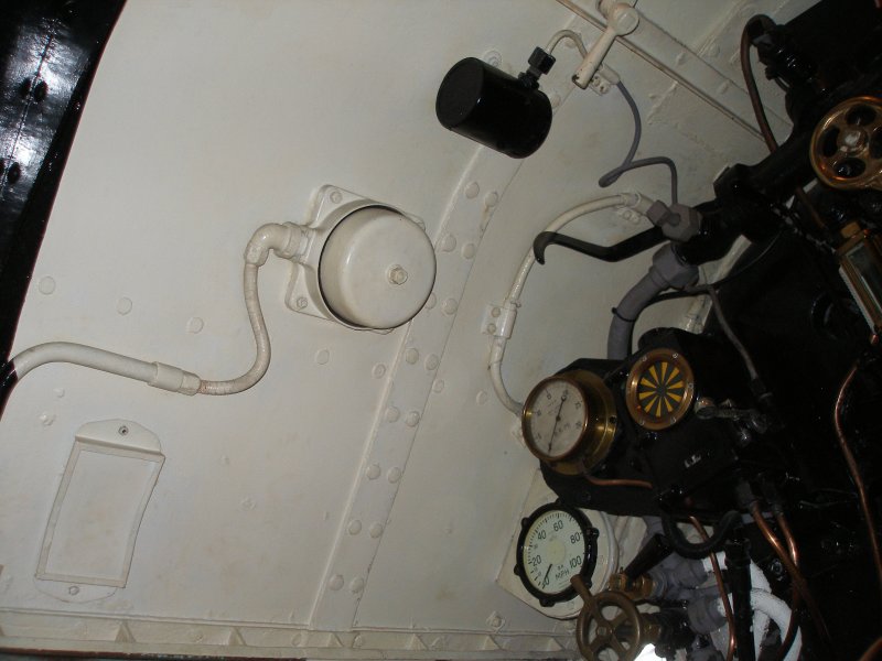 Stanier 'Coronation' Pacific 46235 'City of Birmingham' as seen in the ThinkTank Museum on 10 October 2015.  Cab roof detail above the driver's seat, showing AWS bell.