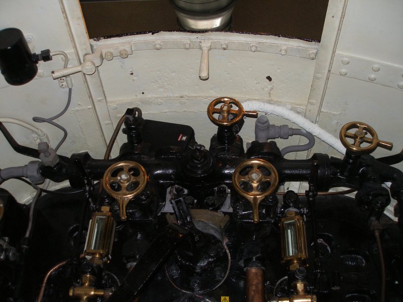 Stanier 'Coronation' Pacific 46235 'City of Birmingham' as seen in the ThinkTank Museum on 10 October 2015.  Cab roof seen from inside showing handles on cab roof shutter.