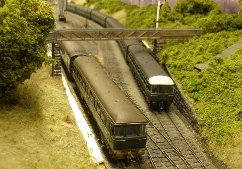 The Silver Fox Class 124 4mm model meets the Trix/Dapol 3.8mm at Hall Royd Junction.