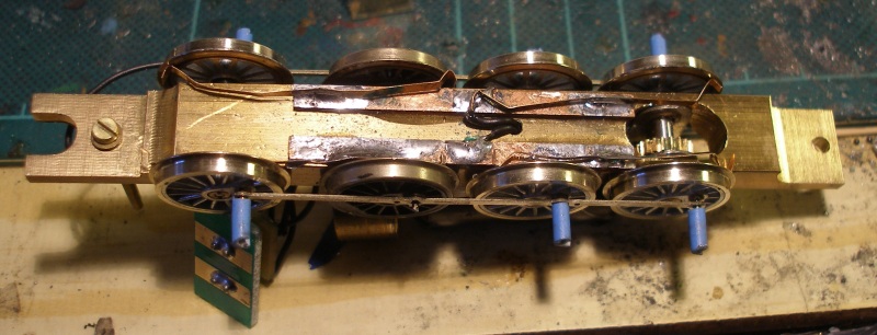 Underside of the assembled chassis of a Sutherland Models 'Cotswold' kit for a LMS (ex L& YR) 7F 0-8-0 large boiler goods loco showing pick-ups.