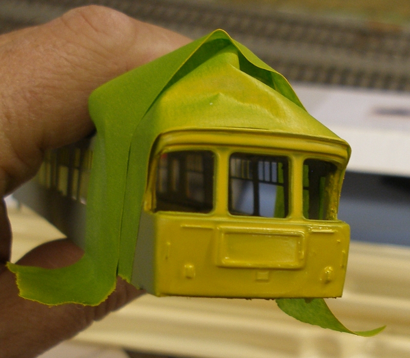 4mm scale Sliver Fox Class 124 Trans-Pennine DMU: painted cab ends showing yellow first coat before masking off to apply the later DMU green.