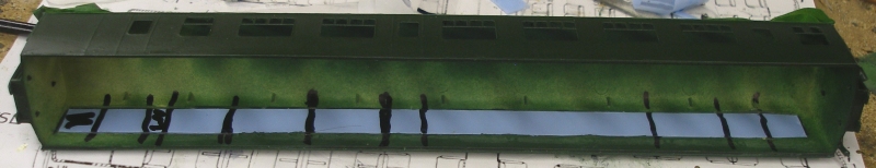 4mm scale Sliver Fox Class 124 Trans-Pennine DMU: glazing strip marked with felt tip to mark areas that contact adhesive has to applied to