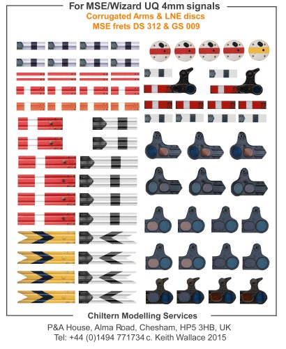 First test sheet of 4mm (OO) transfers for corrugated signal arms as used by the LNER and Southern Railways, including LNE disc signals and spectacle plates, plus a 3 foot SR arm. 