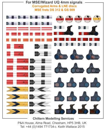 First test sheet of 4mm (OO) transfers for corrugated signal arms as used by the LNER and Southern Railways, including LNE disc signals and spectacle plates, plus a 3 foot SR arm. 