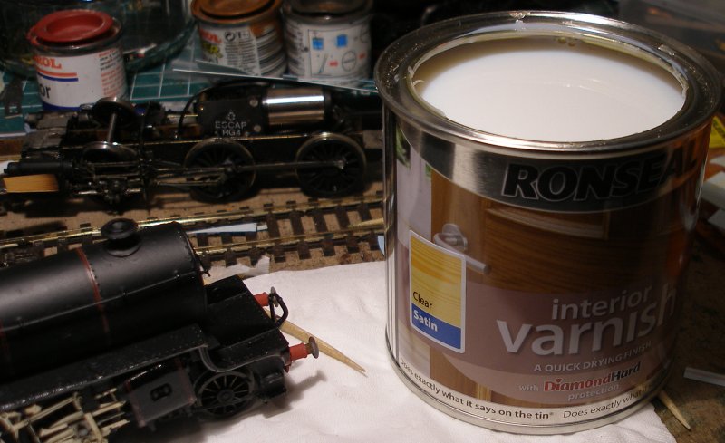 DJH Crab: Varnishing, the final solution. A tin of Ronseal satin varnish with lid removed.