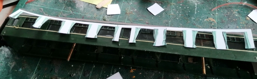 4mm scale Class 124 DMU green curtains: curtain sheet laid on vehice side.