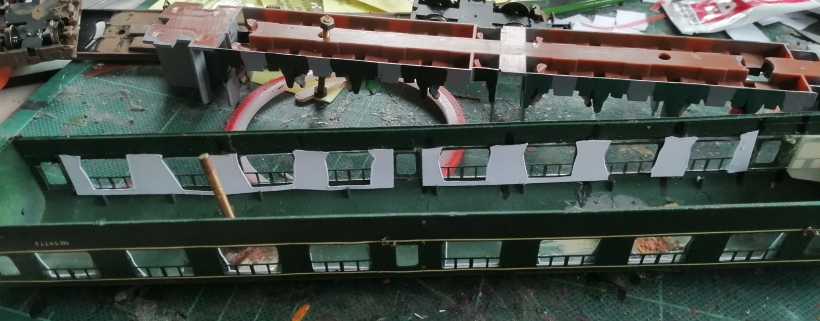 4mm scale Class 124 DMU green curtains: curtains affixed.