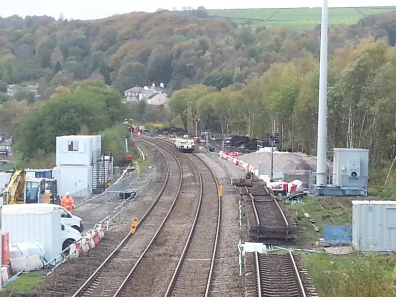 The Todmorden Curve construction office block, GSM-R mast and remains of the engineering sidings as photographed by David Greenfiewld in Novemver 2013
