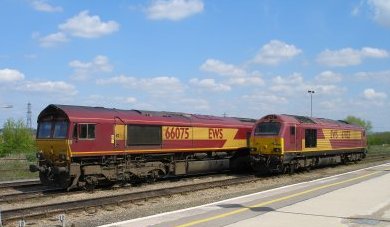 EWS 66075 and 67023 stabled at Didcot on the May Bank Holiday 6 May 2013