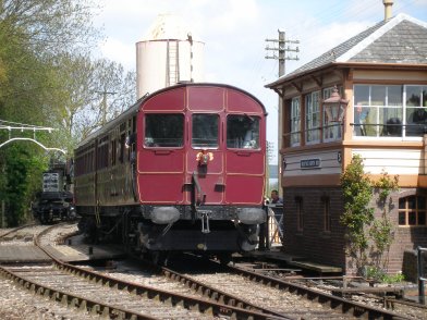 GWR Steam Rail Motor 93 with trailer 92 in tow
Steam Rail Motor 93 propels trailer 92 towards the Transit Shed, Didcot Railway Centre 6 May 2013
