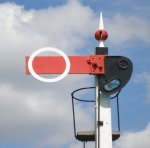 GWR ringed shunting signal as seen at Didcot with older style fastening and folded-edge arm