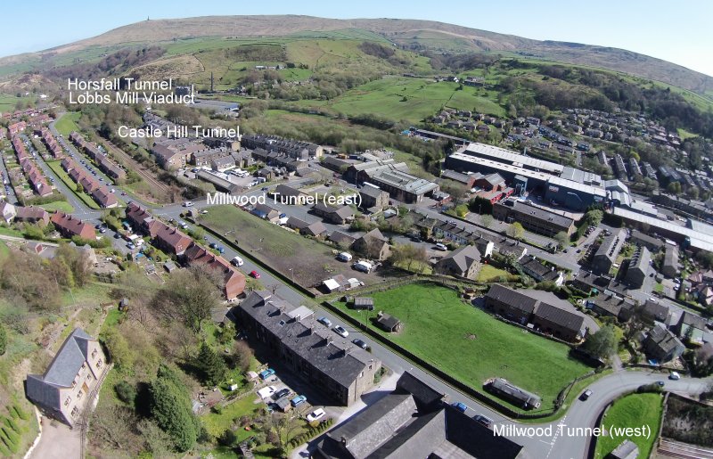 Looking east from Hall Royd Junction showing Millwood, Castle Hill and Horsfall Tunnels