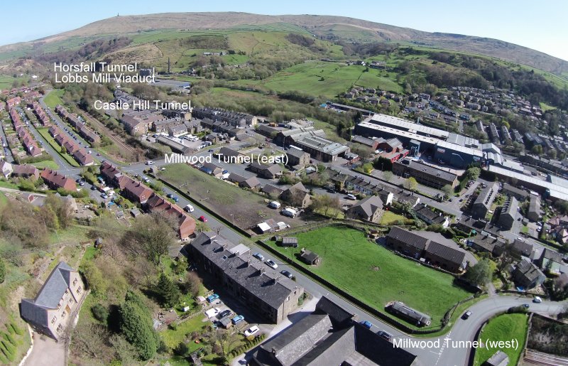 Looking east from Hall Royd Junction showing Millwood, Castle Hill and Horsfall Tunnels