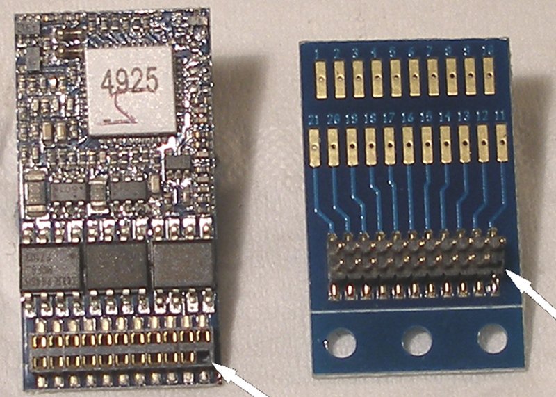 ESU adaptor alongside a sound decoder to show the mismatch of pins; both being in the same plain.