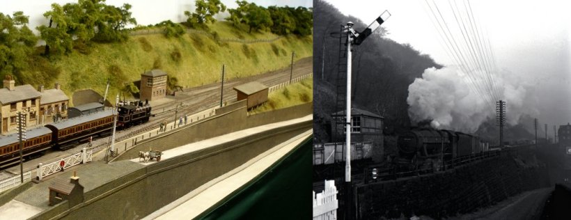 Eastwood Model Railway: comparison of model and prototype. The station approaches looking eastwards then and now.