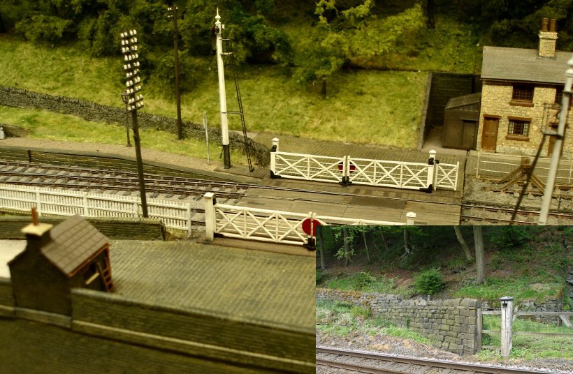 Eastwood Model Railway: comparison of model and prototype. The level crossing wall and post then and now.