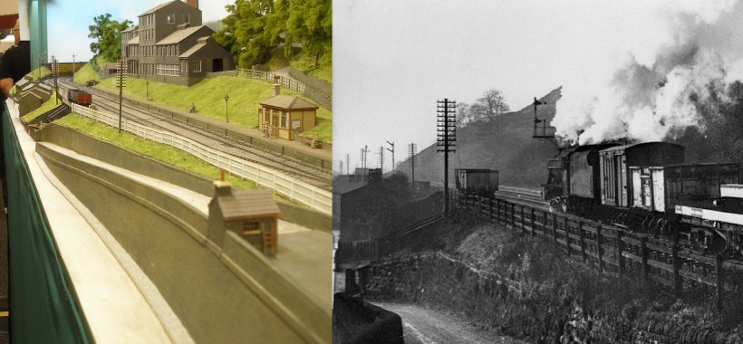 Eastwood Model Railway: comparison of model and prototype. The station approaches looking westwards then and now.